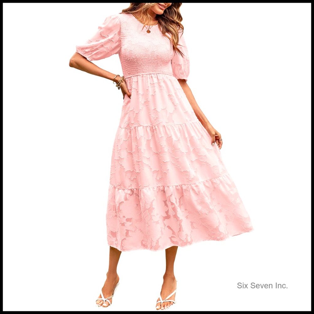 Floral Textured Chiffon Puff Sleeve Smocked Midi Dress